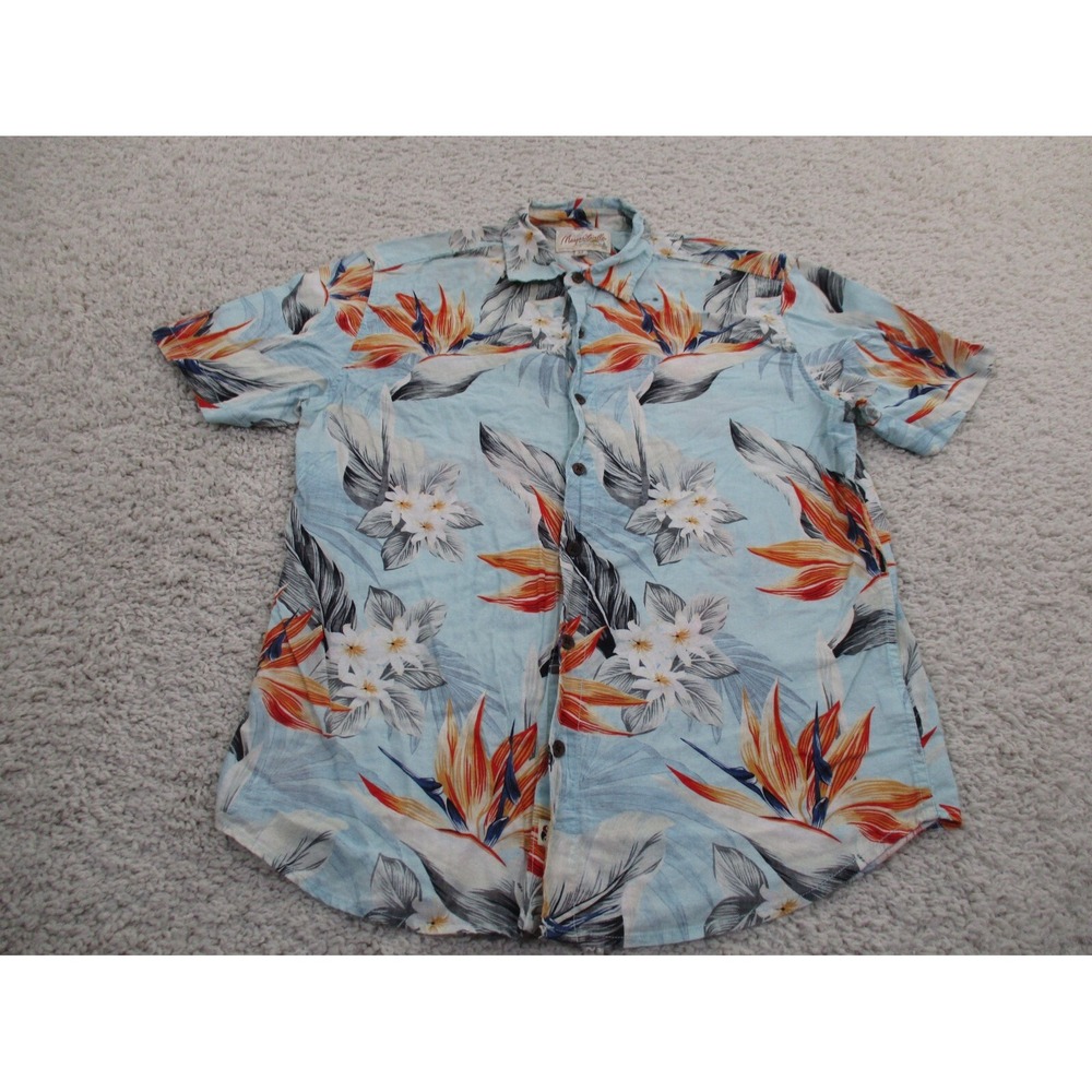 Margaritaville Shirt Mens Medium Blue Button Linen Floral Geometric Beach A2